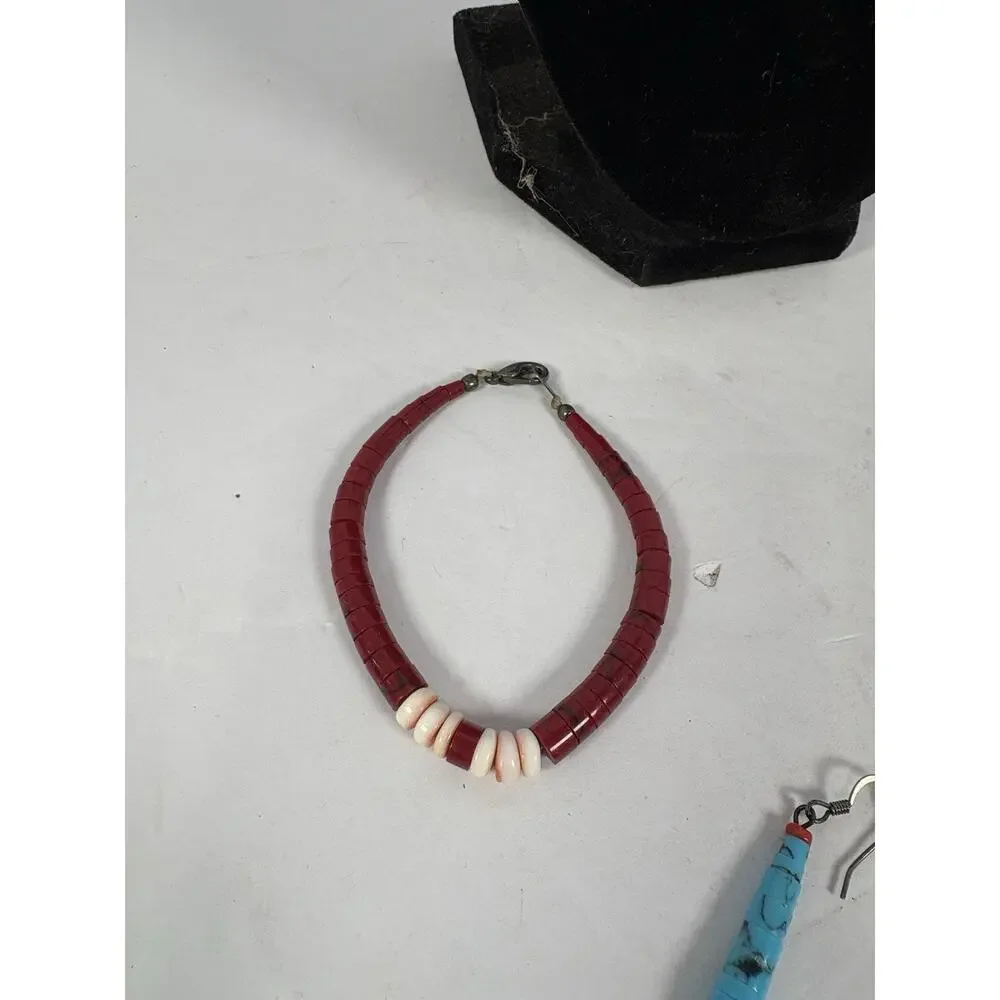 Block Turquoise and Coral Graduated Heishi Necklace, Bracelets And Earrings Set - Picture 2 of 15